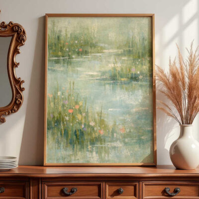 abstract-pond-framed-vintage-art-on-dresser