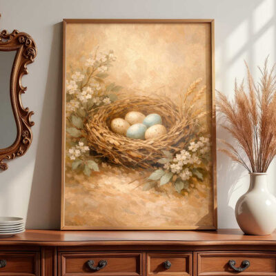 bird-nest-vintage-print-framed-vintage-art-on-dresser