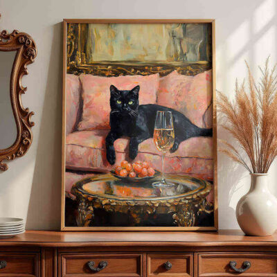 black-cat-framed-vintage-art-on-dresser