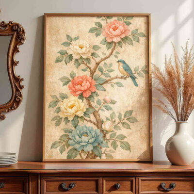 botanical-floral-and-bird-framed-vintage-art-on-dresser