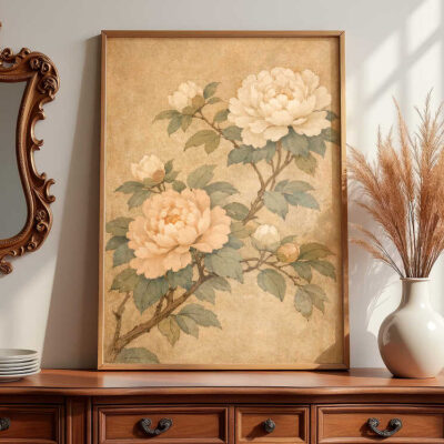 botanical-floral-painting-framed-vintage-art-on-dresser