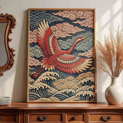 elegant-vintage-red-crane-framed-art-on-dresser