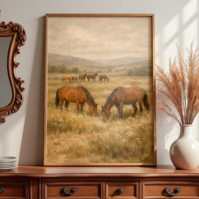equestrian-art-print-with-horses-framed-vintage-art-on-dresser