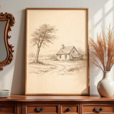 farmhouse-sketch-framed-vintage-art-on-dresser