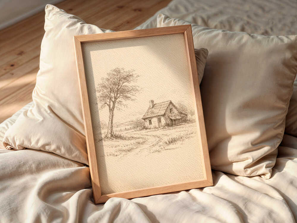 farmhouse-sketch-framed-vintage-art-on-the-bed
