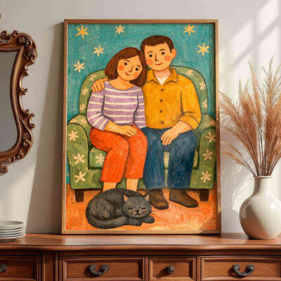 folk-couple-art-with-cat-framed-vintage-art-on-dresser