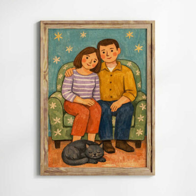 Vintage Folk Couple Art With Cat