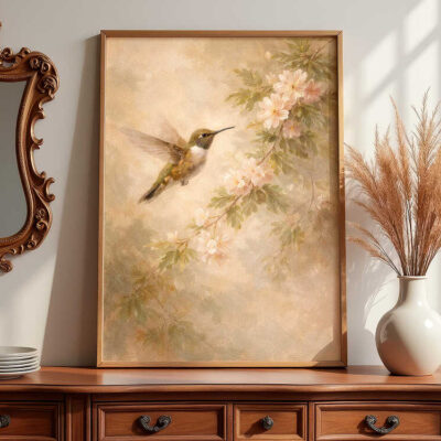 hummingbird-painting-framed-vintage-art-on-dresser