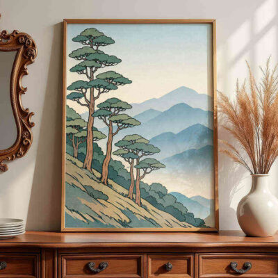 japanese-inspired-vintage-landscape-framed-art-on-dresser