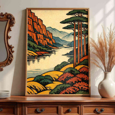 landscape-art-print-with-mountains-and-river-framed-vintage-art-on-dresser