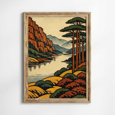 Vintage Landscape Art Print with Mountains and River