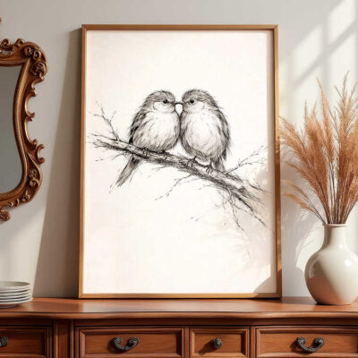 love-birds-sketch-framed-vintage-art-on-dresser