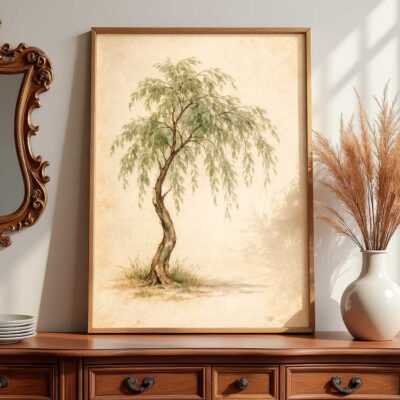tree-painting-framed-vintage-art-on-dresser