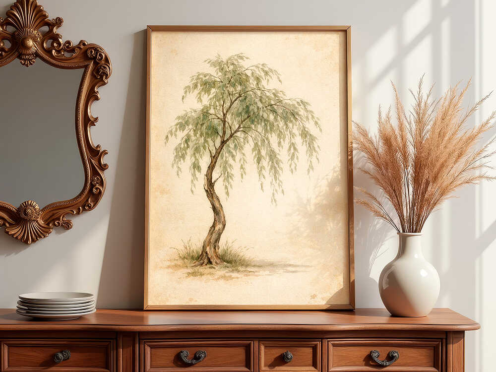 tree-painting-framed-vintage-art-on-dresser